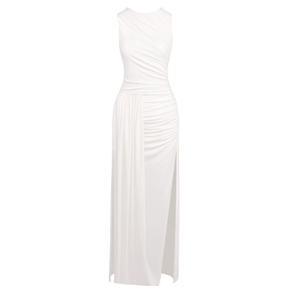 Hip Dress Summer Solid Color Dress round Neck Sleeveless Split Irregular Asymmetric Maxi Dress