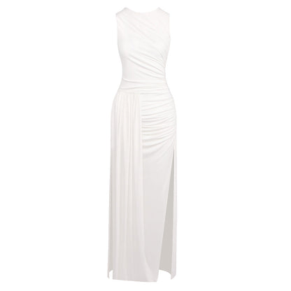Hip Dress Summer Solid Color Dress round Neck Sleeveless Split Irregular Asymmetric Maxi Dress