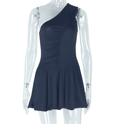 Women Clothing Elegant Irregular Asymmetric Shoulder Solid Color A line Diagonal Collar Sleeveless Ruffled Short Dress