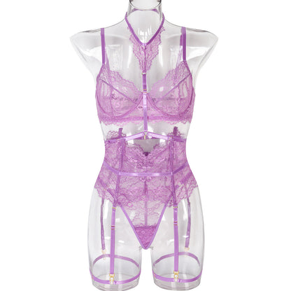 Sexy Three Piece Summer Lace Eyelash Lace Stitching with Halter Foot Ring