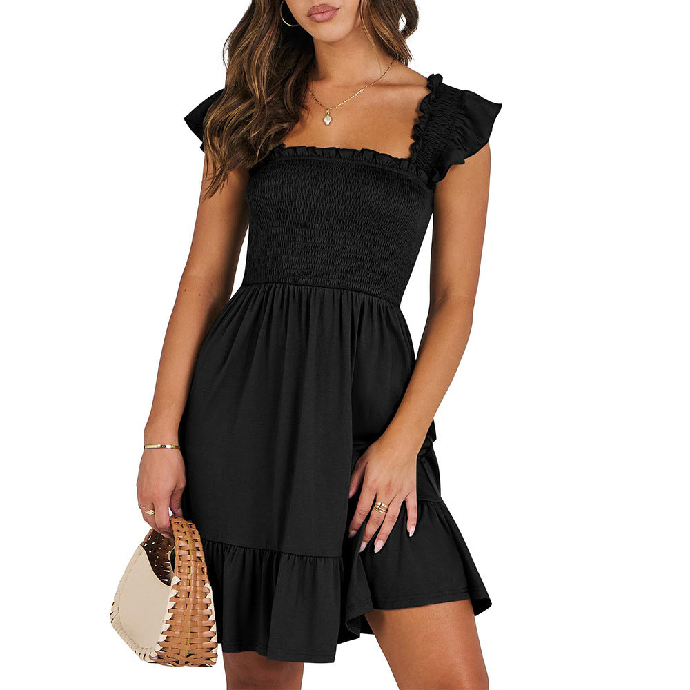 Women Clothing Summer Square Collar Plaid Smocking Sweet Mid Length Dress