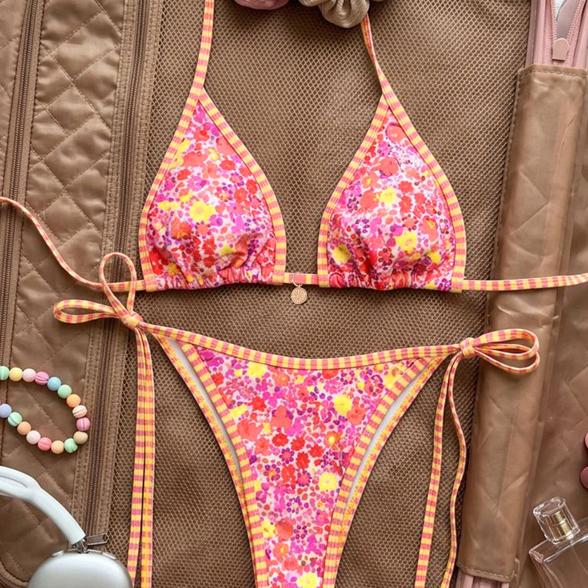 Printed Triangle Strap Small Embellished Sexy Split Bikini Swimsuit for Women