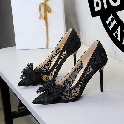 Elegant Lace Mesh Wedding Shoes Super High Heel Bow Party Dress High Heels