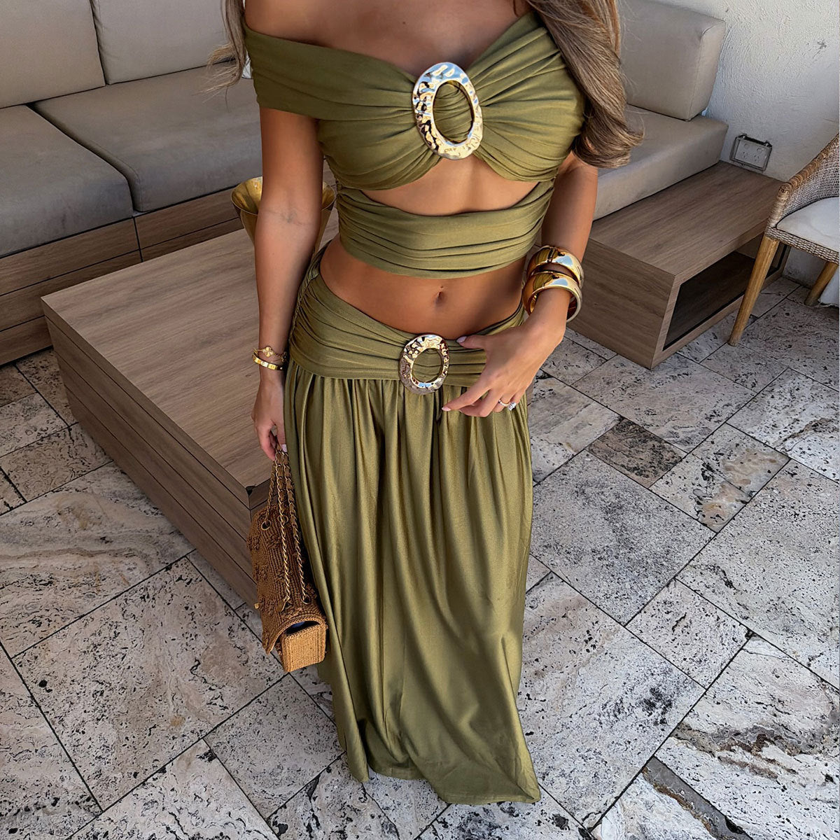 Solid Color Tube Top Sexy off the Shoulder Split Swimsuit Women Bikini Skirt Set