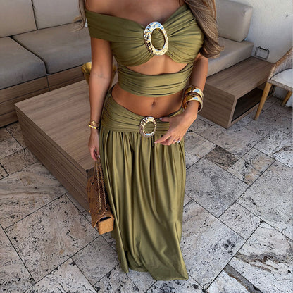 Solid Color Tube Top Sexy off the Shoulder Split Swimsuit Women Bikini Skirt Set