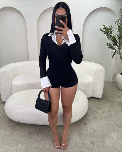 Contrast Color Kardashian Patchwork Easy Matching White Collar Worker V neck Stretch Shorts Jumpsuit Women Clothing