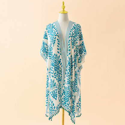 Spring Summer Striped Floral Print Pattern Chiffon Sun Protective Blouse Ball Decorative Cardigan
