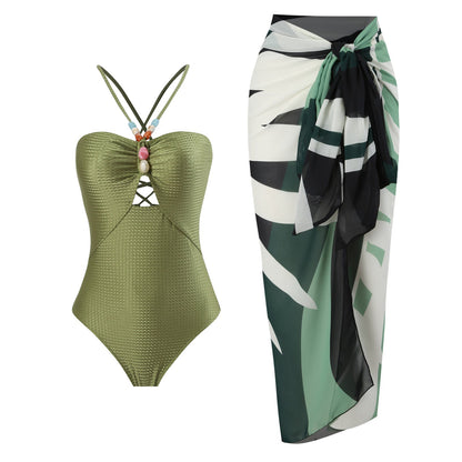 Arrival Solid Color One Piece Women Swimwear Suit French Retro Covering Belly Thin Swimming