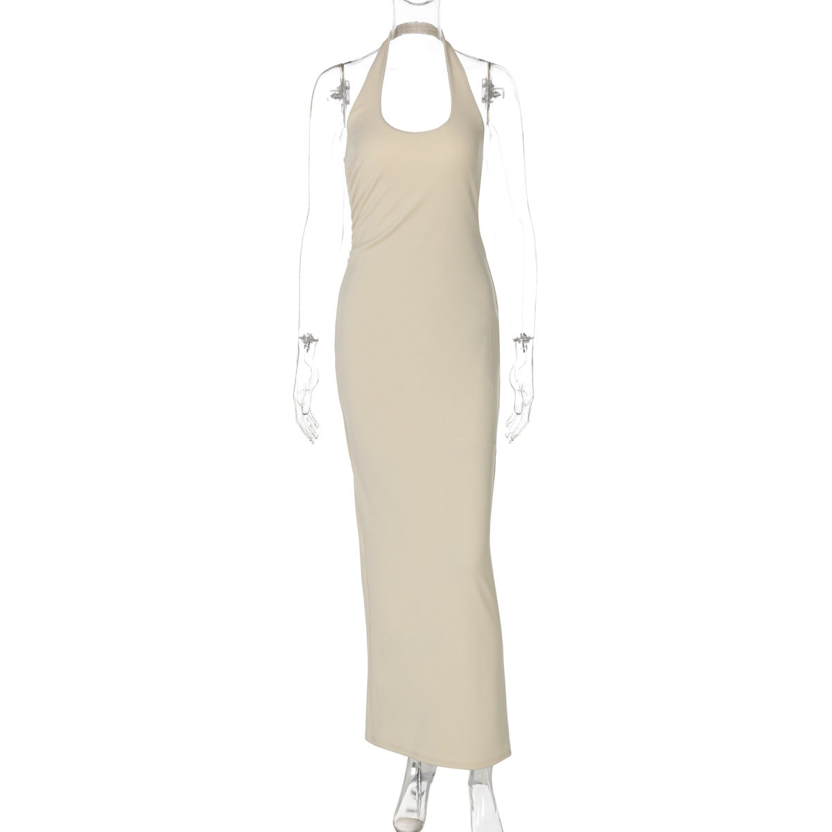 Women Clothing Summer Sexy Halter Backless Slit Solid Color Slim Fit Dress