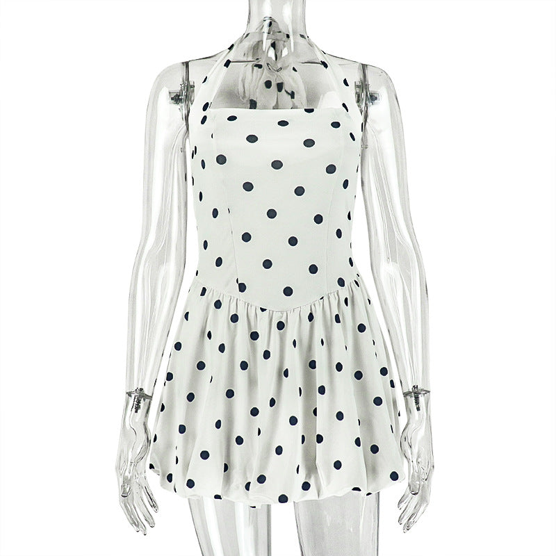 Black White Women Printed Wear Polka Dot Cinched Pleated A line Dress Halter Short Sleeveless Dress Tide