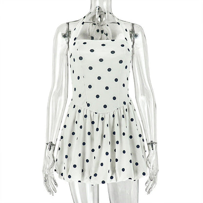 Black White Women Printed Wear Polka Dot Cinched Pleated A line Dress Halter Short Sleeveless Dress Tide