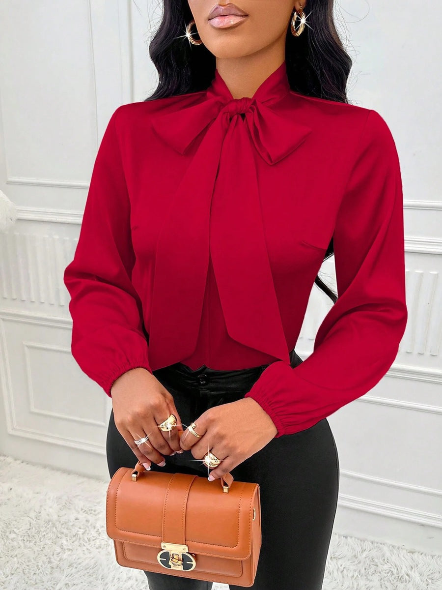 Women Clothing Autumn Satin Shirt Bow Long Sleeve Top