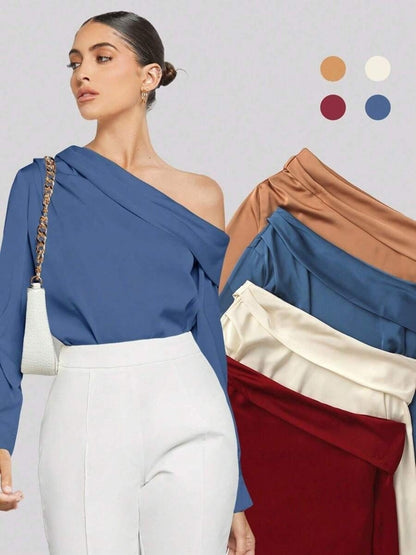 Pleated Satin Shirt Top Spring Summer off the Shoulder Asymmetric Long Sleeve Shirt Women Clothing