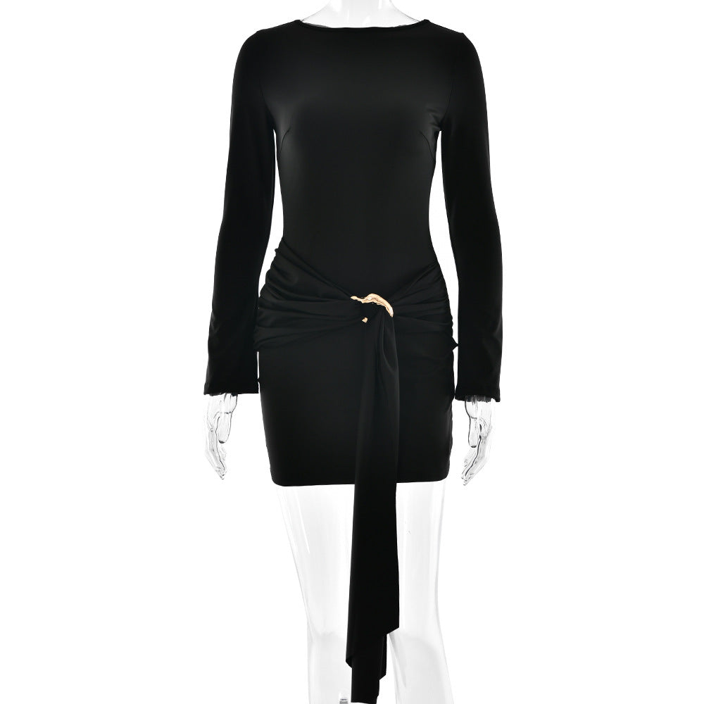Sexy Elegant Women Slim Fit round Neck Hip Dress Arrival Lace up Tight Long Sleeve Dress