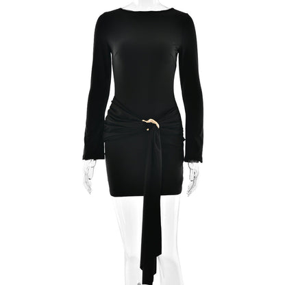 Sexy Elegant Women Slim Fit round Neck Hip Dress Arrival Lace up Tight Long Sleeve Dress