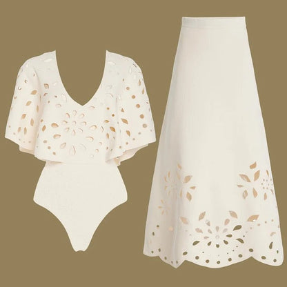 Cut out Ruffled Swimsuit Women Vacation Beach Two Piece Sets