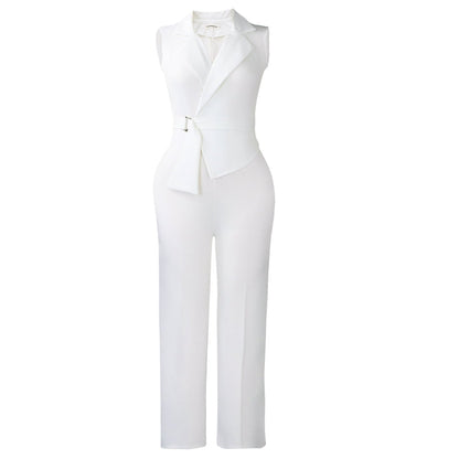 Summer Solid Color Sleeveless Collar Lace up Wide Leg Pants Jumpsuit