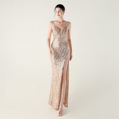 Bead Tube Sequin Spaghetti Strap High Slit Evening Dress Cross Tied Slim Fit Slimming Dinner Social Women