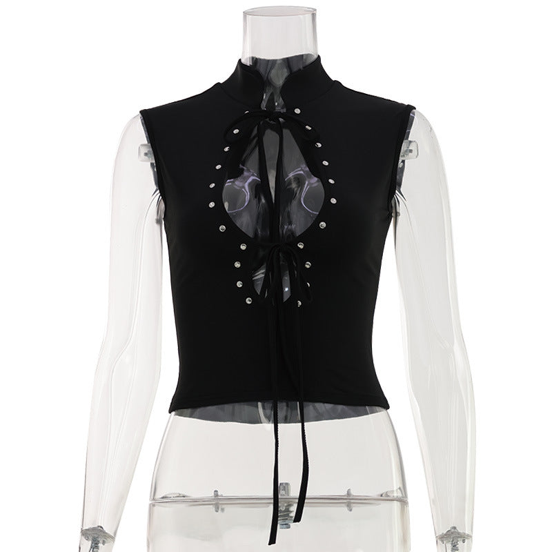 Summer Sexy Women Clothing Stand Collar Chest Hollow Out Cutout out Strap Sexy Solid Color Sleeveless Top Short