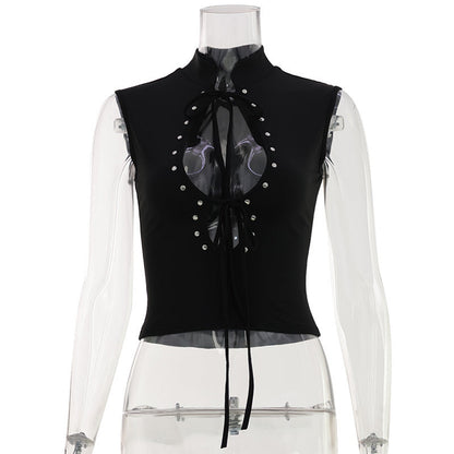 Summer Sexy Women Clothing Stand Collar Chest Hollow Out Cutout out Strap Sexy Solid Color Sleeveless Top Short