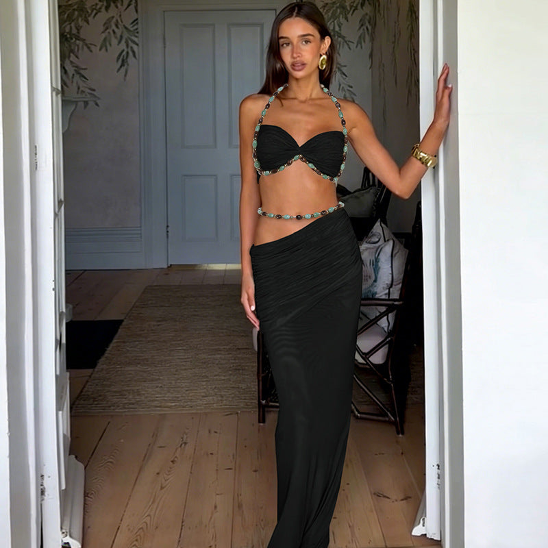 Spring Women Clothing Solid Color Sleeveless Halter Small Sling High Waist Sexy Hip Bag Slim Skirt Two Piece Sets