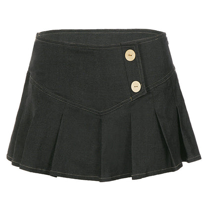 Retro Button Pleated Skirt Women Sexy Casual Street Low Waist Slimming Skirt