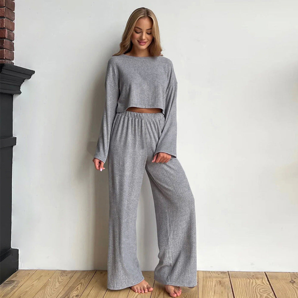 Gray Long Sleeve Trousers Pajamas Set Winter Wheat Jacquard Home Wear for Women