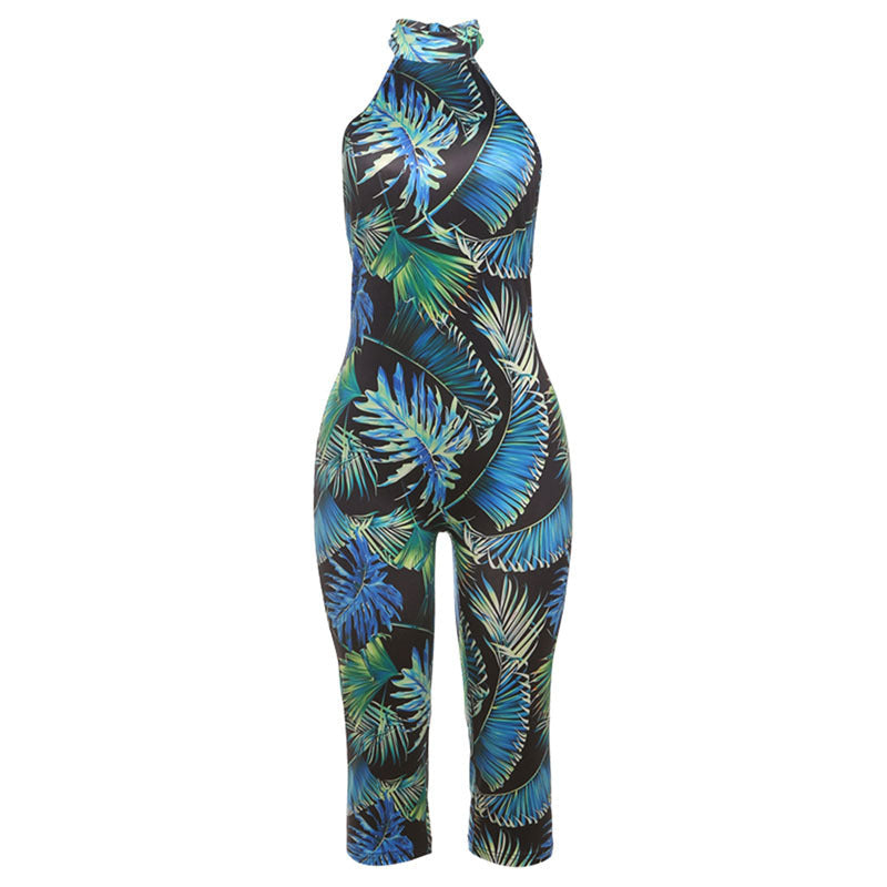 Summer Sexy Backless Halter Lace up Leopard Print Hip Raise Skinny Jumpsuit for Women