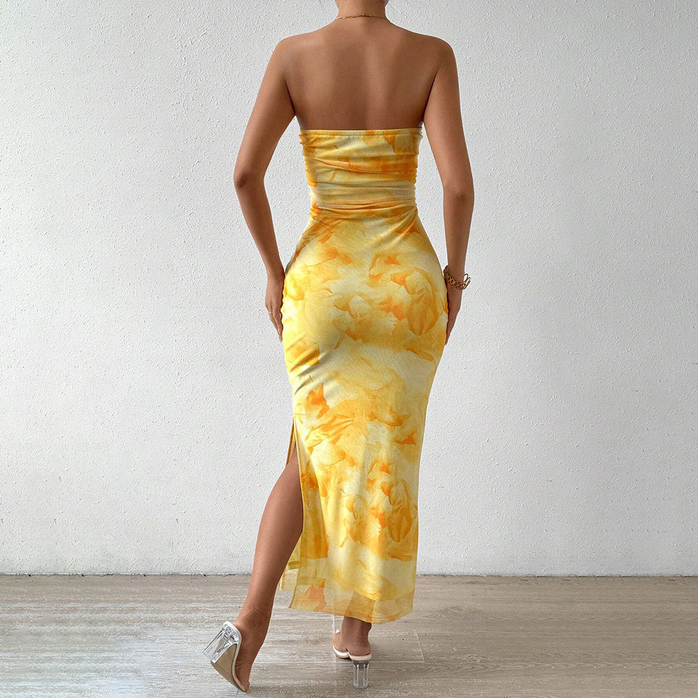 Printed Dress Spring Summer Women Clothing High Waist Slit Tube Top Dress