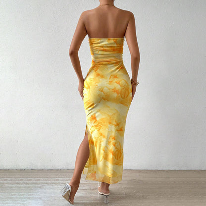 Printed Dress Spring Summer Women Clothing High Waist Slit Tube Top Dress