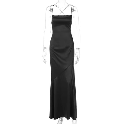 Women Clothing Spring Summer Word Collar Satin Sexy Big Backless Tied Dress