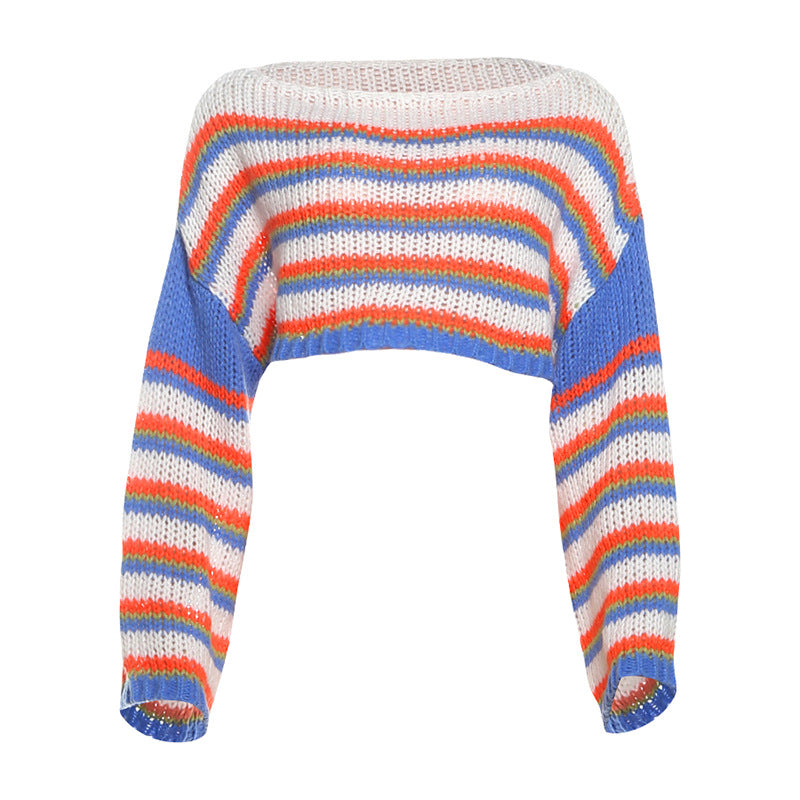 Fall Women Clothing Casual Personality Blue Stitching Long Sleeves Cropped Pullover Sweater