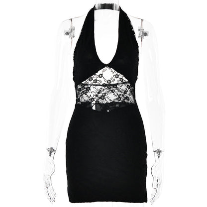 Spring Dress Sexy Trend V neck Halter Lace Stitched Backless Dress