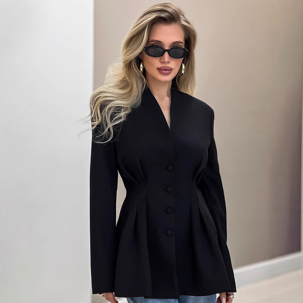 Women Clothing Autumn Elegant Slim Fit Abdomen Control Black Office Design V neck