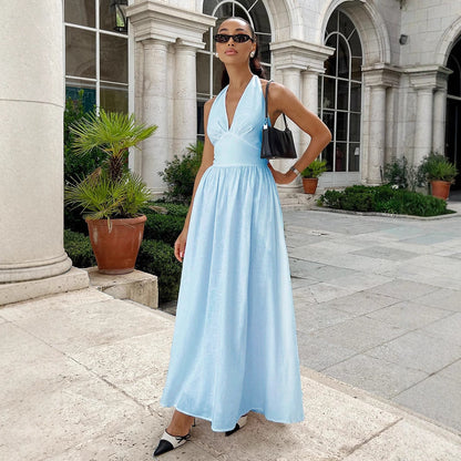 Pure Cottom Maxi Dress Spring Summer Tight Waist V neck Lace up Long Dress Large Swing Dress Women