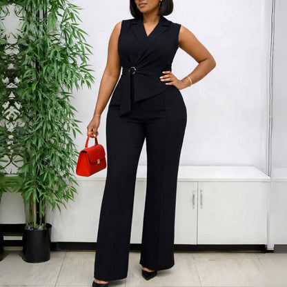 Summer Solid Color Sleeveless Collar Lace up Wide Leg Pants Jumpsuit