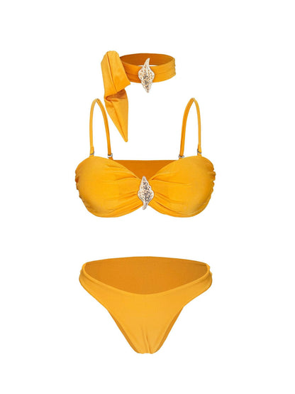 Solid Color Tube Top Sexy Halter Bikini Split Swimsuit Skirt Three Piece Set