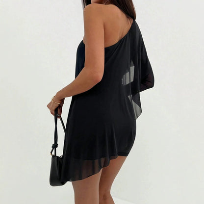 Asymmetric Shoulder Shawl Side Pleating Hip Socialite Dress Women