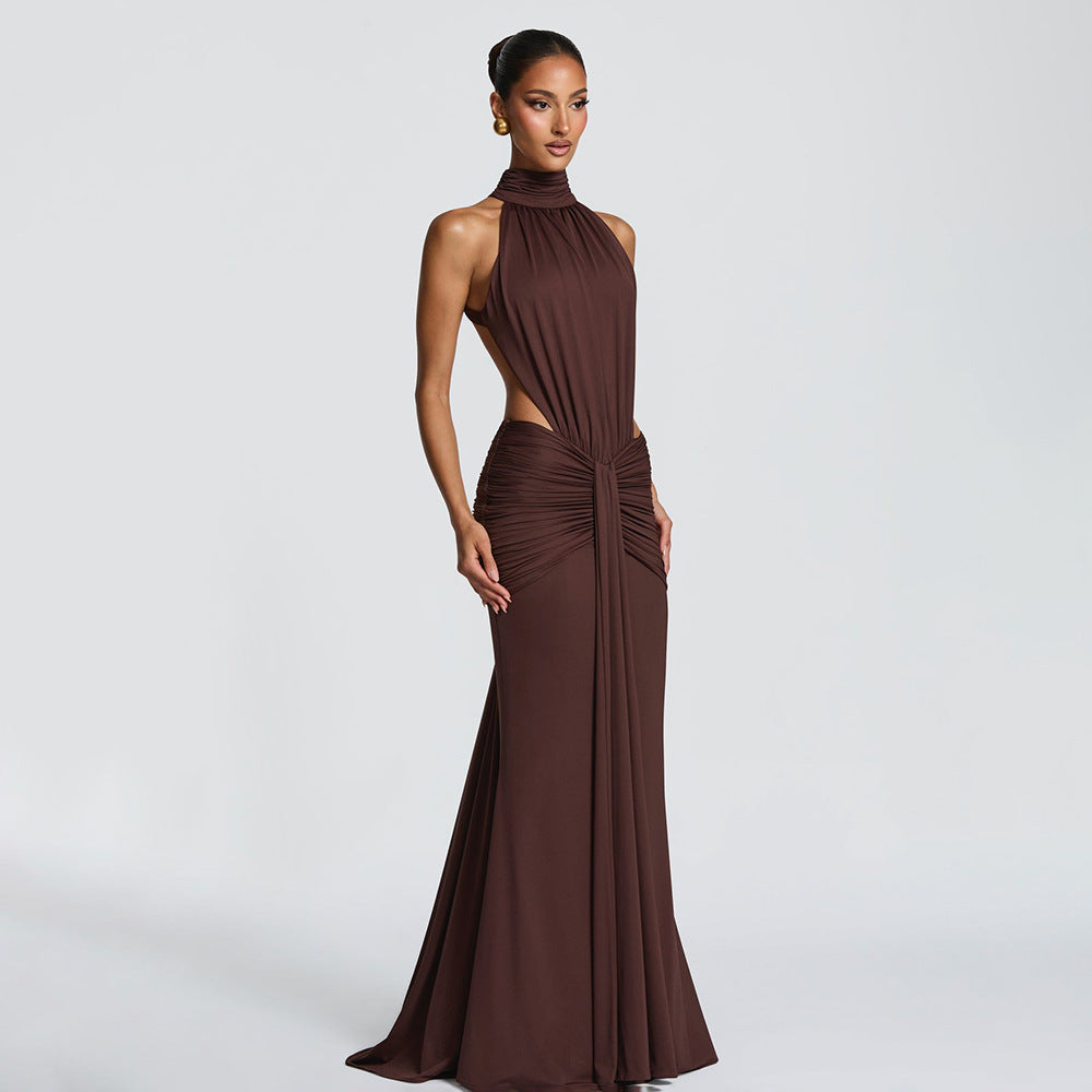 Halter Pleated Slim Fit Maxi Dress High Neck Sexy Backless Cocktail Dress