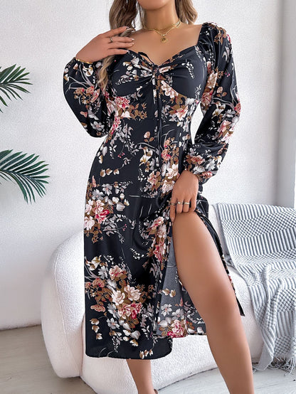 Spring Summer Sexy Lace up Knot Floral Long Sleeve Split Dress Women Clothing