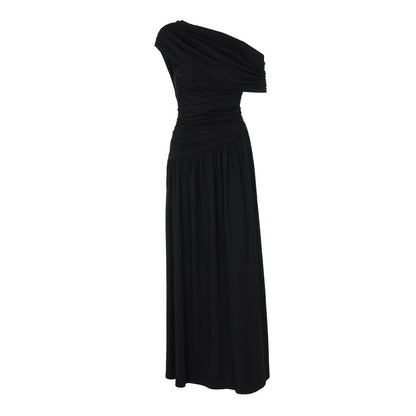 Women Clothing Spring Arrival Fashionable Sexy Diagonal Collar Pleated Asymmetrical Solid Color Dress