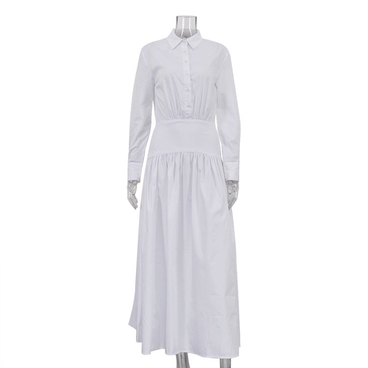 Women Clothing Spring Summer White Office Pleated A line Dress Collared Long Sleeve Shirt Dress Women