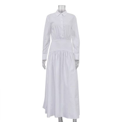 Women Clothing Spring Summer White Office Pleated A line Dress Collared Long Sleeve Shirt Dress Women