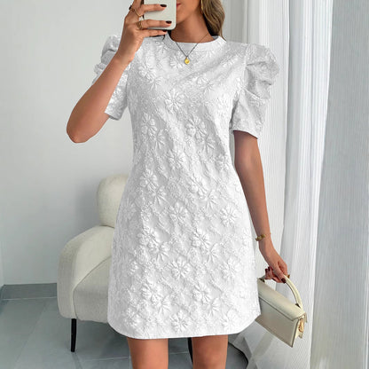 Summer Women Bubble Sleeve Texture Jacquard round Neck Retro Dress