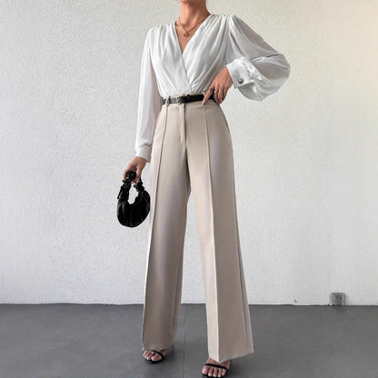 High Waist Slimming Straight Casual Trousers Side Pocket French Office Business Trousers