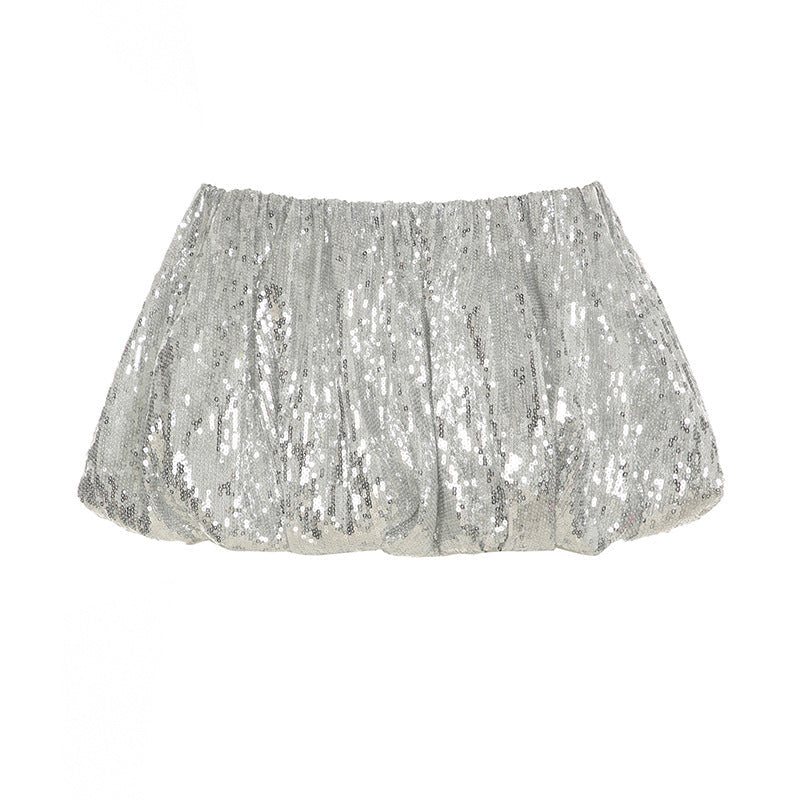 Sexy Sequ Bud Skirt Silver Elastic Personality Street Miniskirt Puffy Skirt