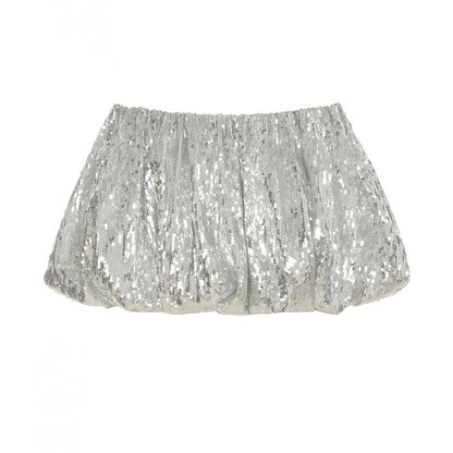 Sexy Sequ Bud Skirt Silver Elastic Personality Street Miniskirt Puffy Skirt
