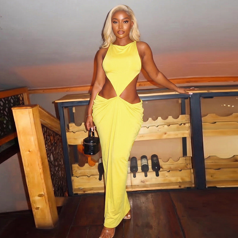 Women Clothing Summer Solid Color Sexy Elegant Sleeveless Sling Bare Back Pleated Slim Dress