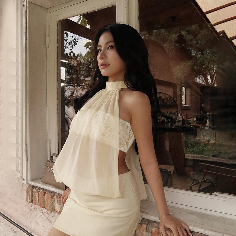Sexy Mesh See through Stitching Spring Sleeveless Halter Hip Dress