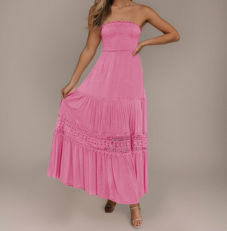 Solid Color Tube Top Hem Long Sleeveless Retro Bohemian Waist Tight Dress
